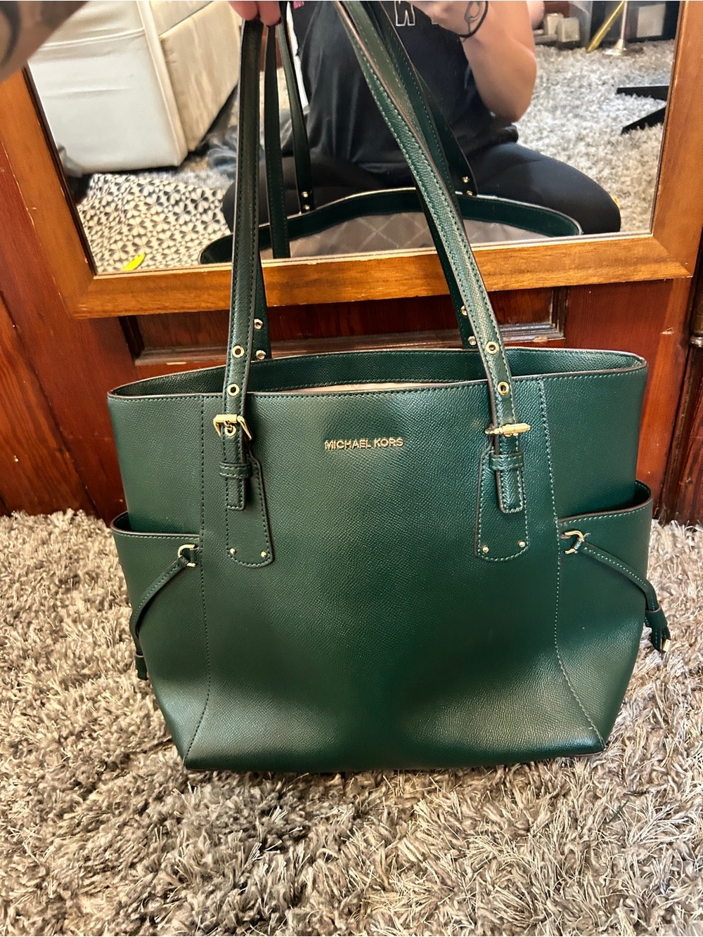 Michael Kors Emerald Green Leather Tote with Gold Hardware
